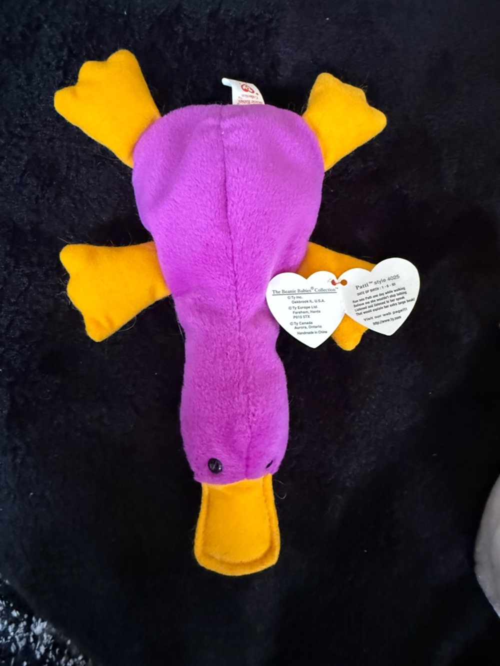 Ty Patti Purple Plush Duck with Yellow Bill and Feet